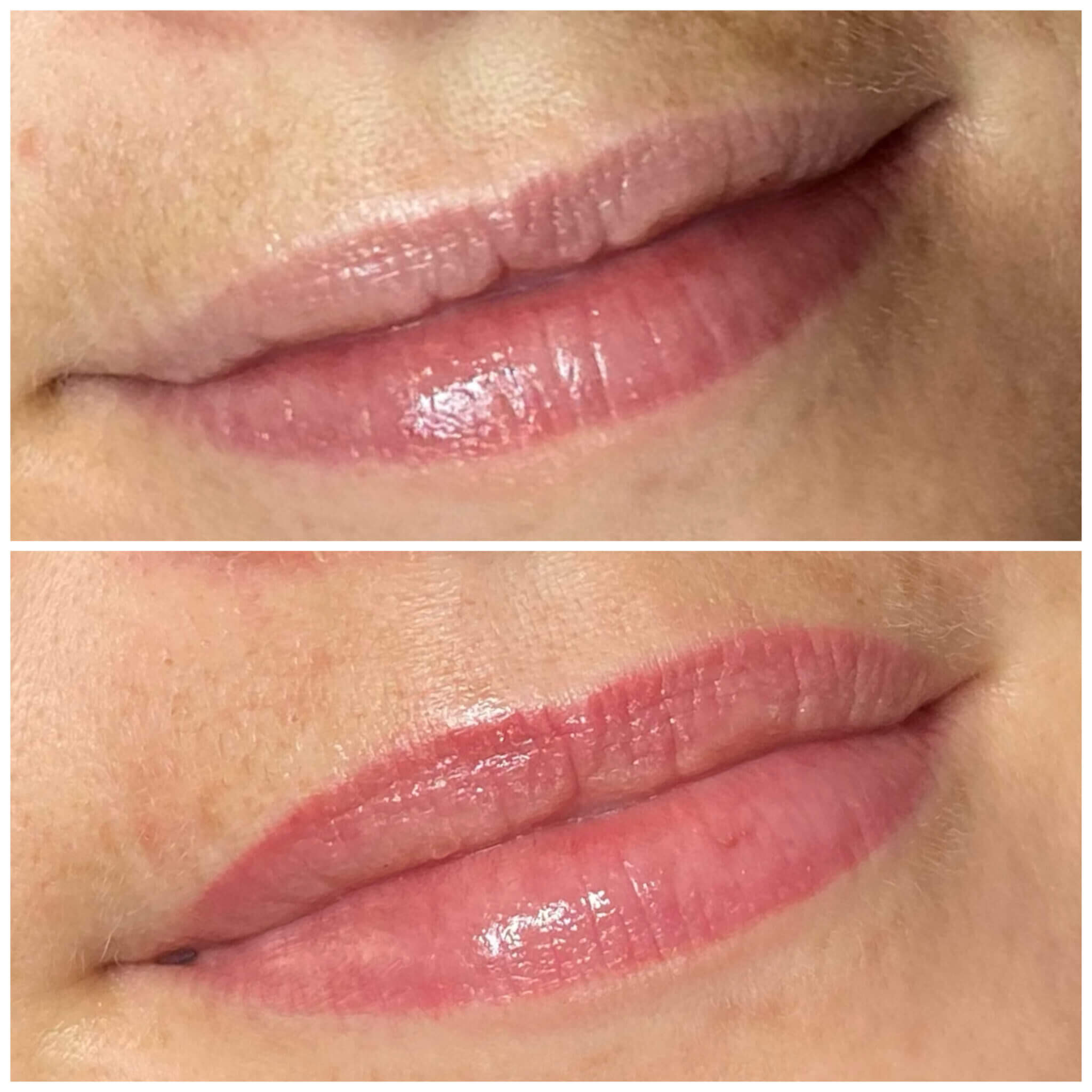 Vorher-Nachher-Vergleich einer Permanent-Make-up-Behandlung für definierte Lippen