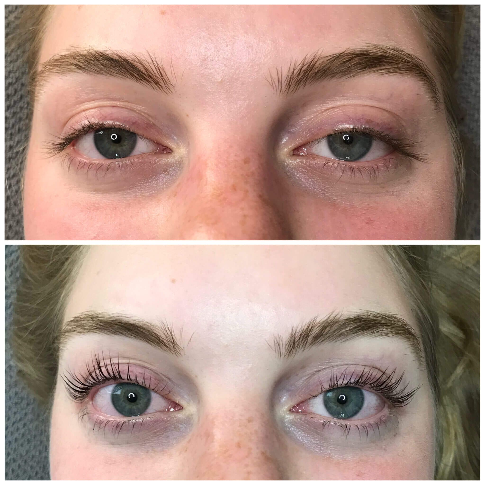 Vorher-Nachher-Ergebnis eines Lash Liftings für mehr Schwung der natürlichen Wimpern